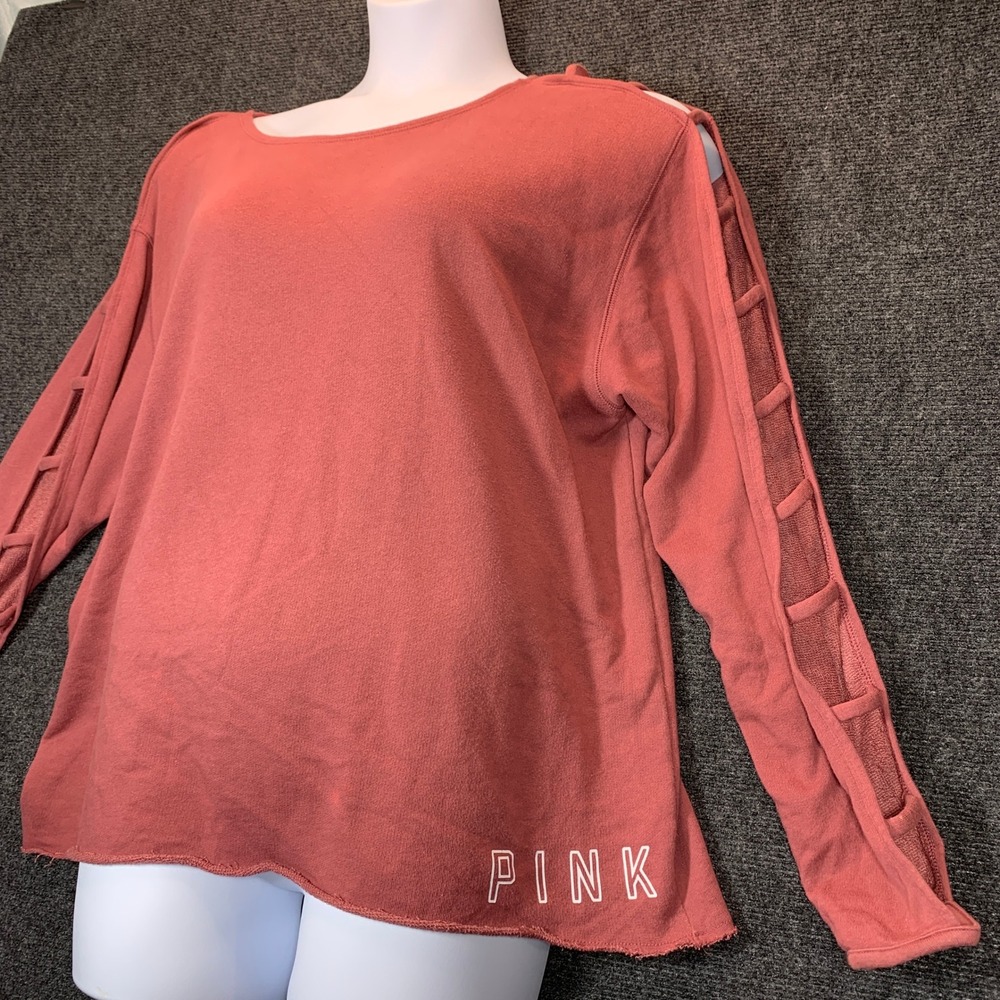 PINK Victoria's Secret Sweatshirt L Mauve Lattice Sleeve Oversized Raw Hem Comfy